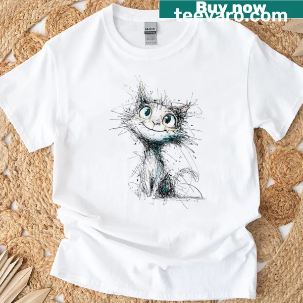 Oversized T-shirt featuring a cute scribble cat graphic