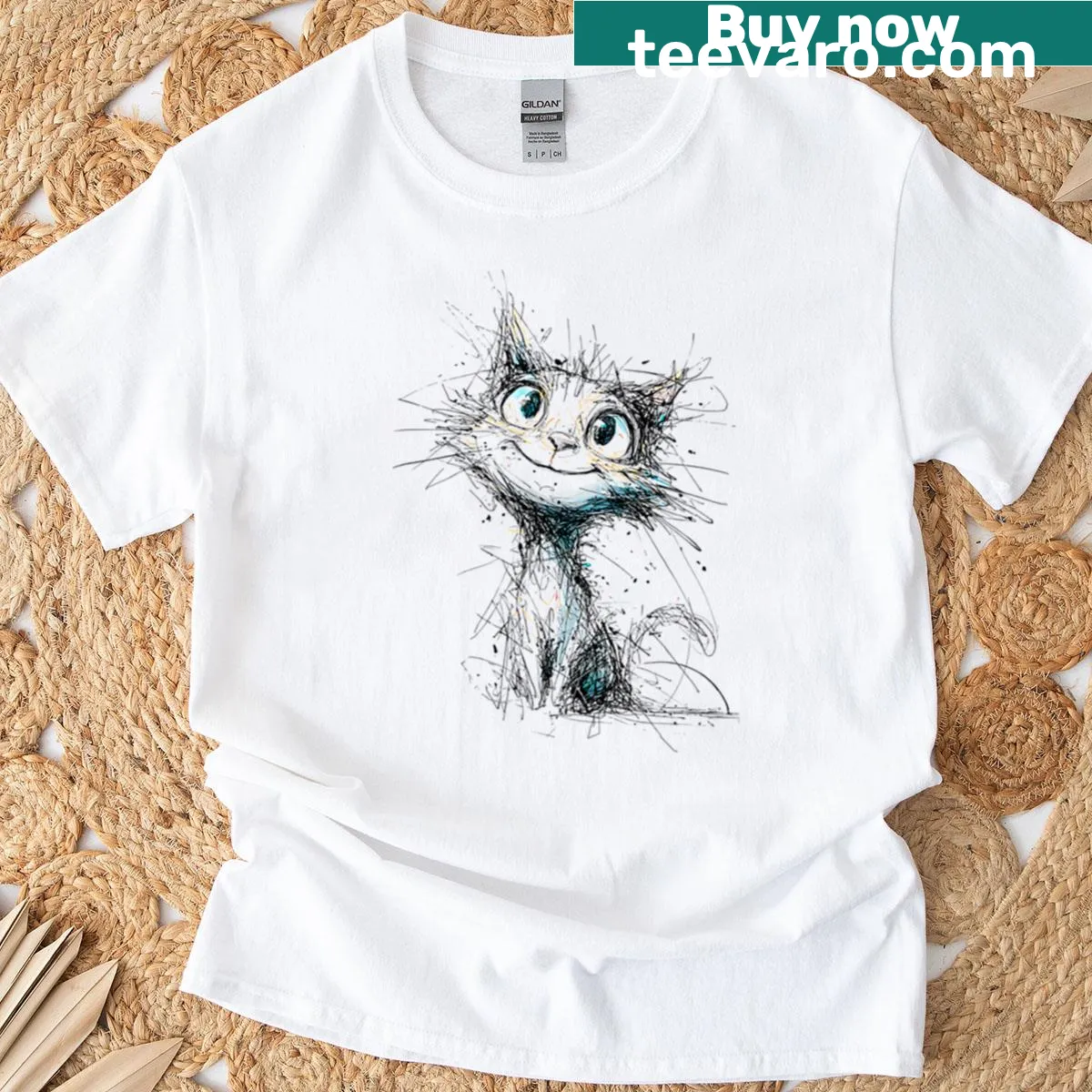 Oversized T-shirt featuring a cute scribble cat graphic — on a men's t-shirt
