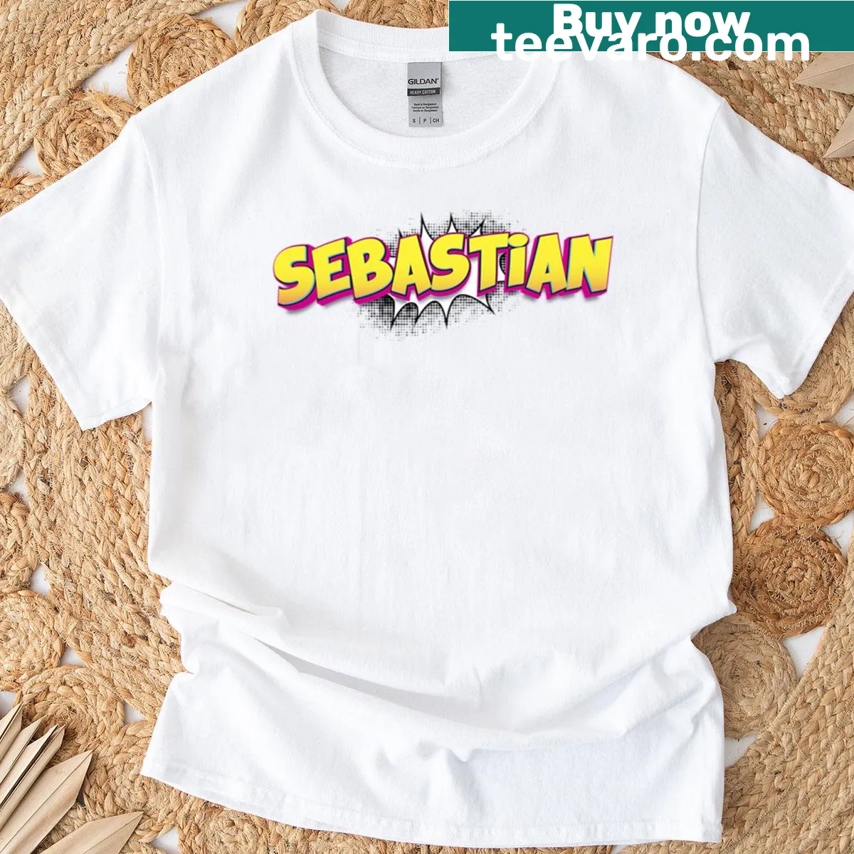 Comic book style pop art T-shirt featuring the name Sebastian. — on a men's t-shirt