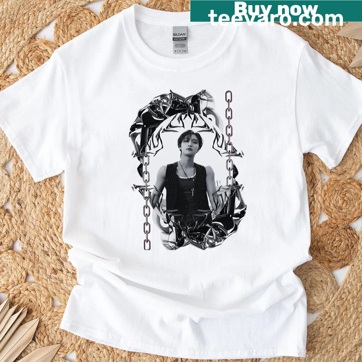 Artistic design featuring Seonghwa from Ateez on a T-shirt — on a men's t-shirt