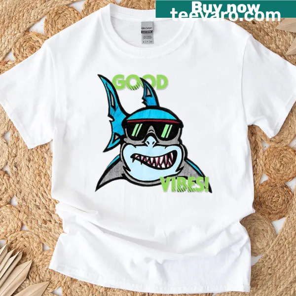Uplifting shark graphic T-shirt conveying good vibes