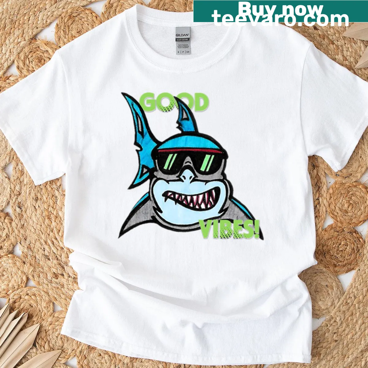 Uplifting shark graphic T-shirt conveying good vibes — on a men's t-shirt