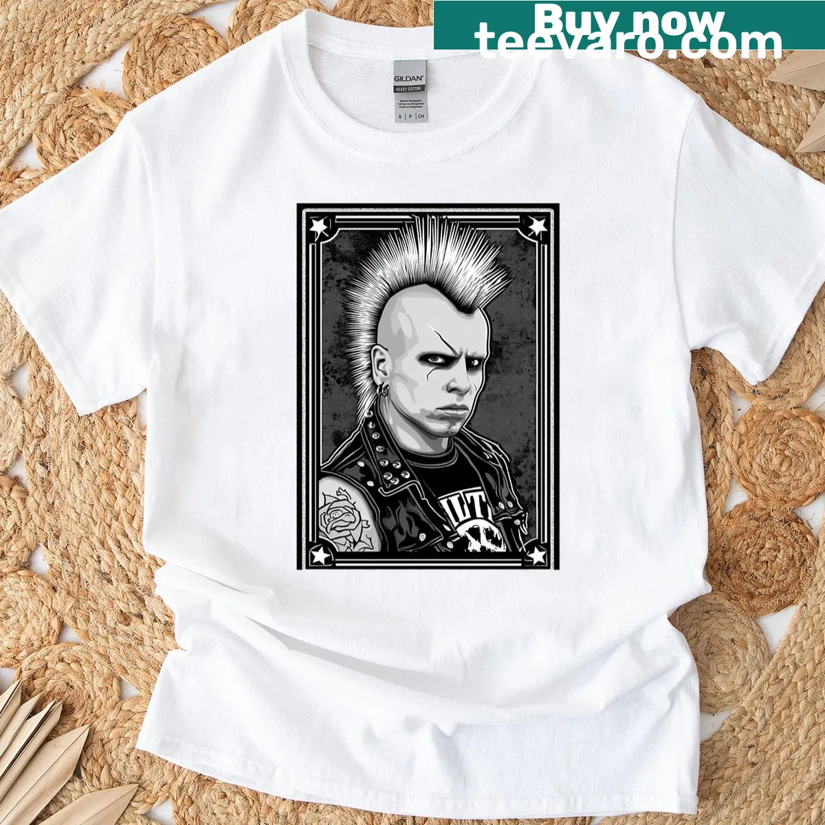 Punk figure with tattoos and spikes in a bold graphic design — on a men's t-shirt