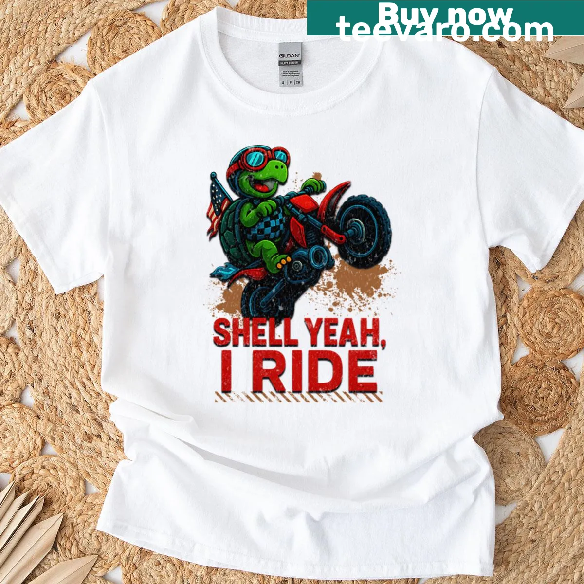 Cartoon turtle on a dirt bike with the phrase 'Shell Yeah I Ride' — on a men's t-shirt