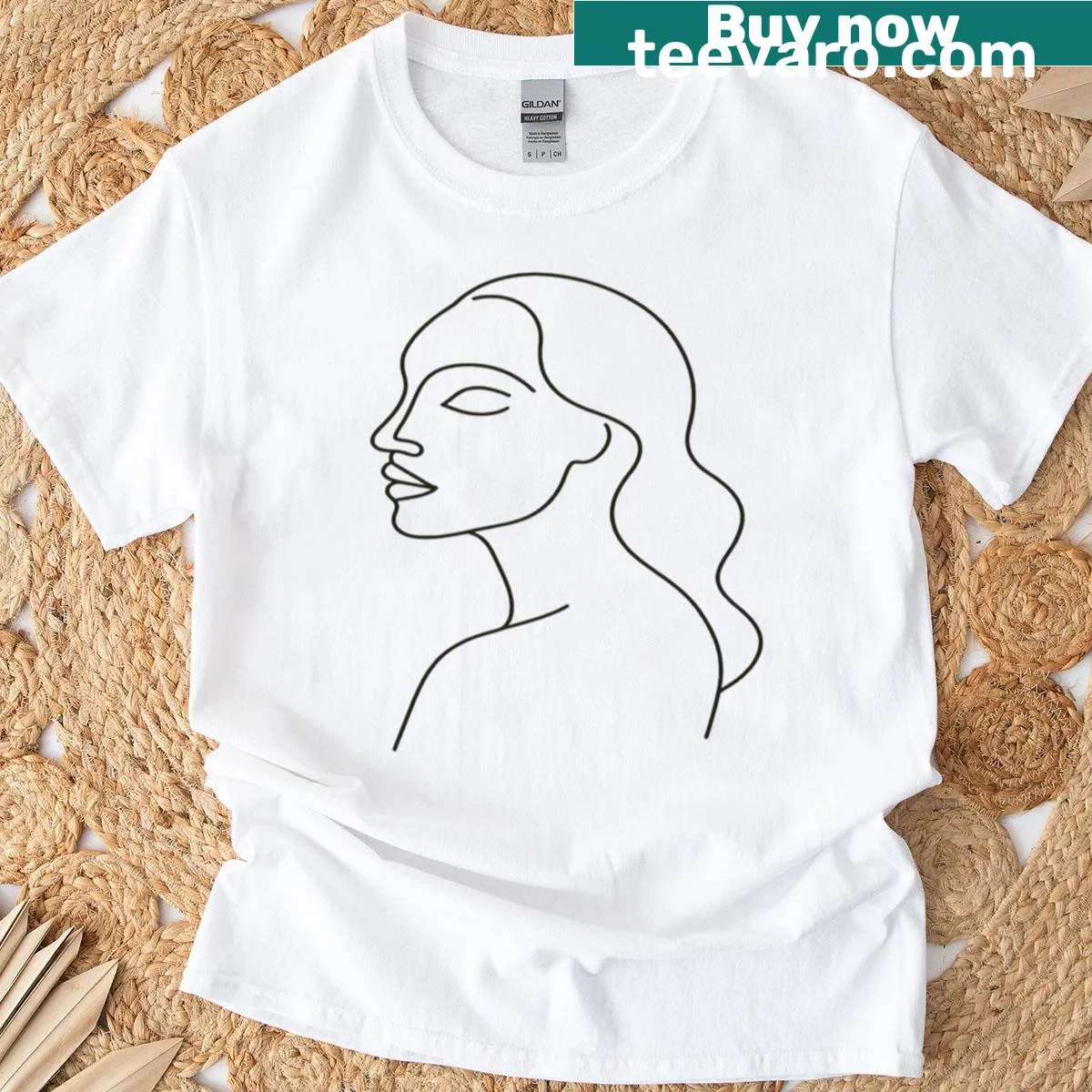 Minimalist line-art female silhouette on a T-shirt — on a men's t-shirt
