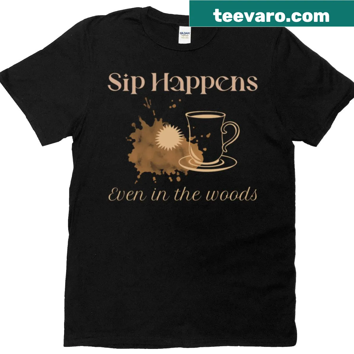 Illustrative design with coffee camper and 'Sip Happens' on T-shirt — on a men's t-shirt