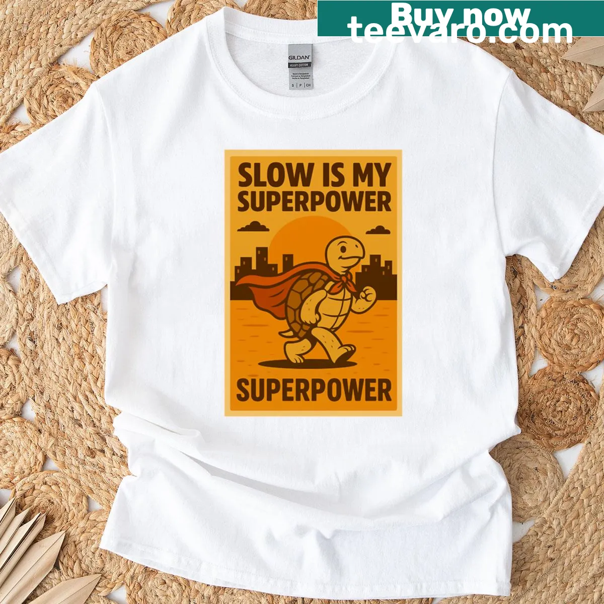 Motivational turtle t-shirt with 'Slow Is My Superpower' text — on a men's t-shirt