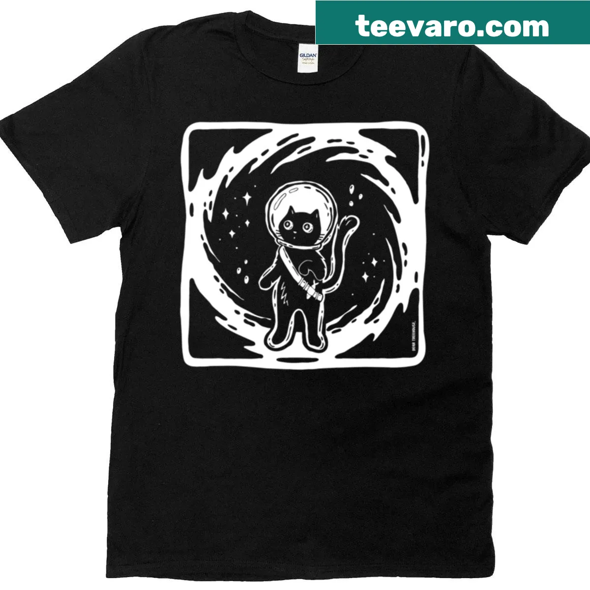 Imaginative Space Cat t-shirt featuring a cat astronaut design — on a men's t-shirt