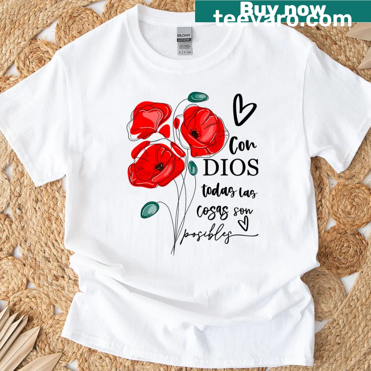 Floral design T-shirt featuring the phrase 'Con Dios Todas Las Cosas Son Posibles' — on a men's t-shirt
