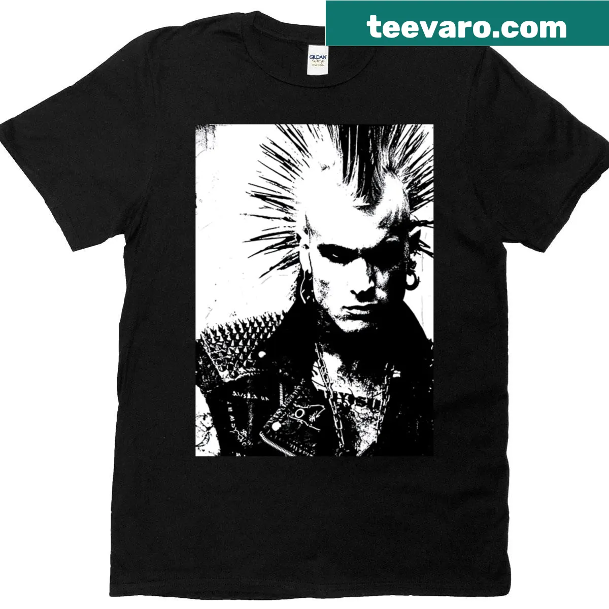 Edgy punk T-shirt with spiked jacket and tattoo graphics — on a men's t-shirt