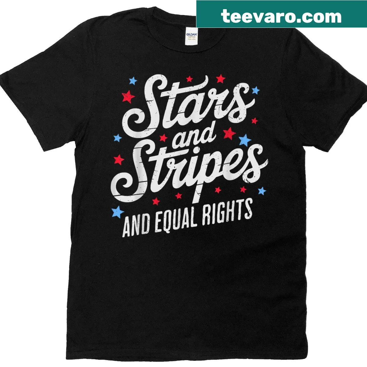 Patriotic T-shirt with stars, stripes, and equal rights message — on a men's t-shirt