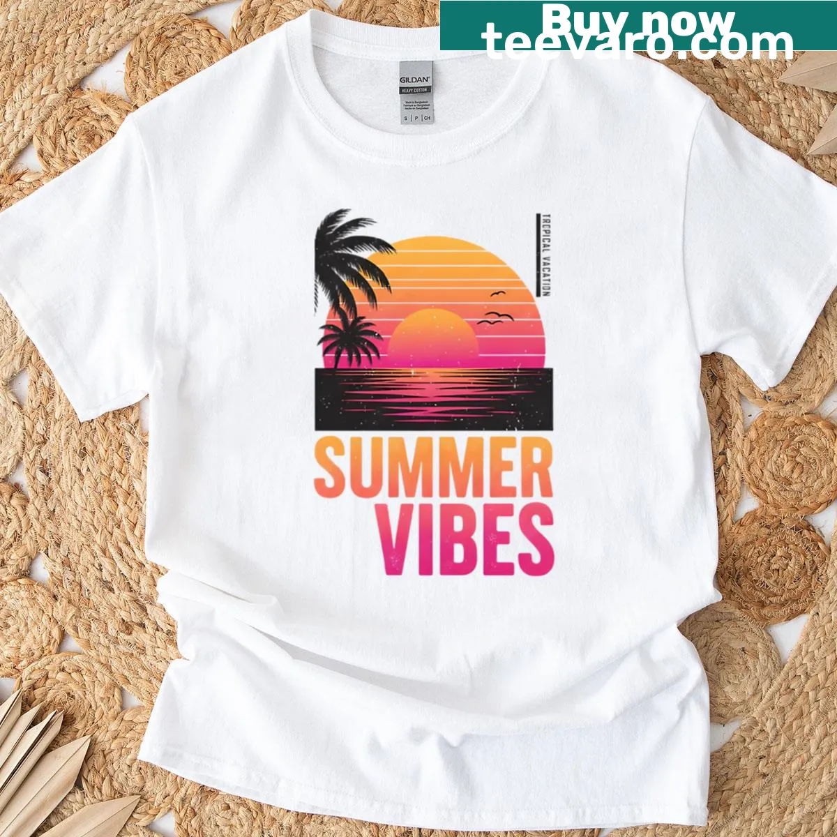 T-shirt with a sunset over the sea and palm trees — on a men's t-shirt