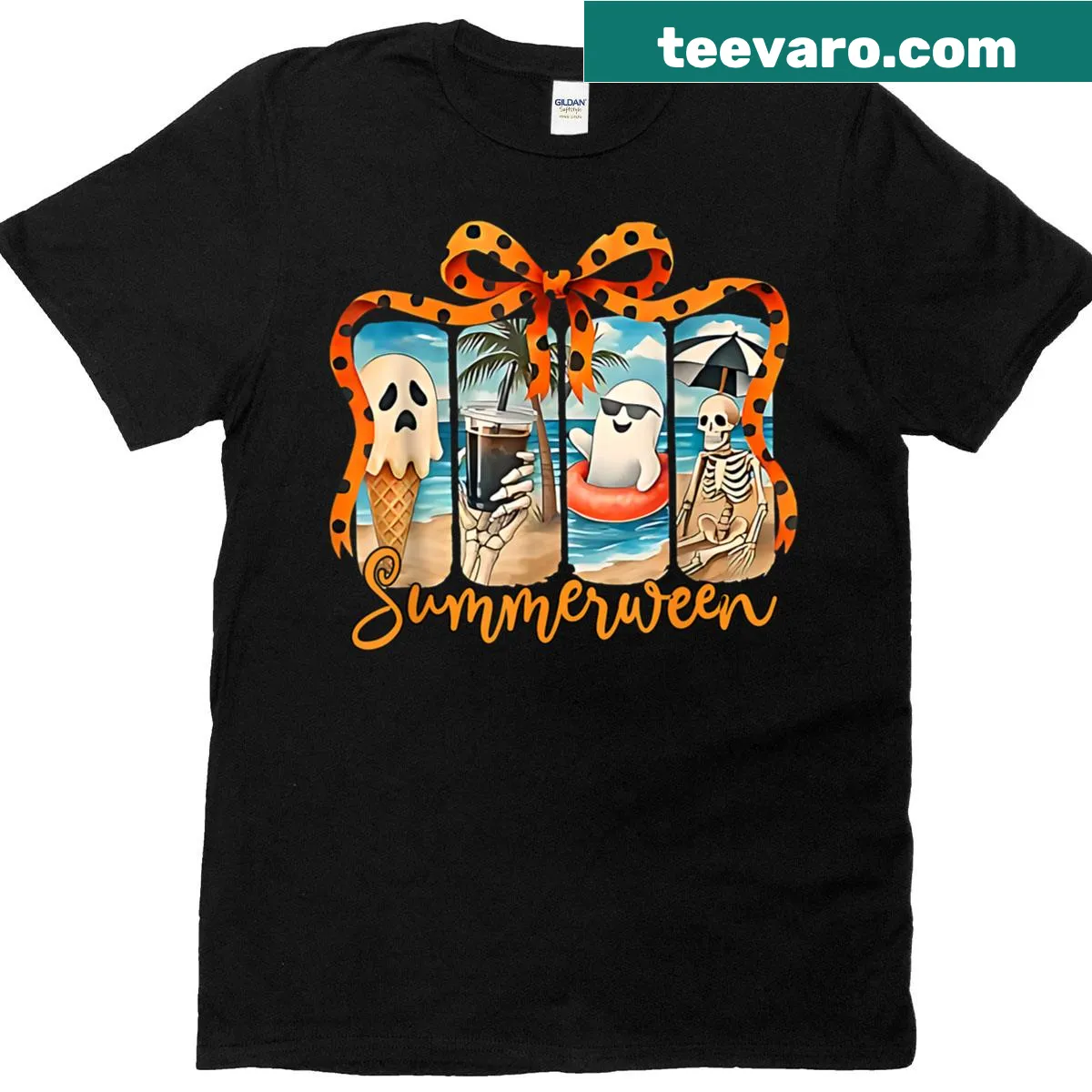 Cartoon skeleton beach party graphic t-shirt — on a men's t-shirt