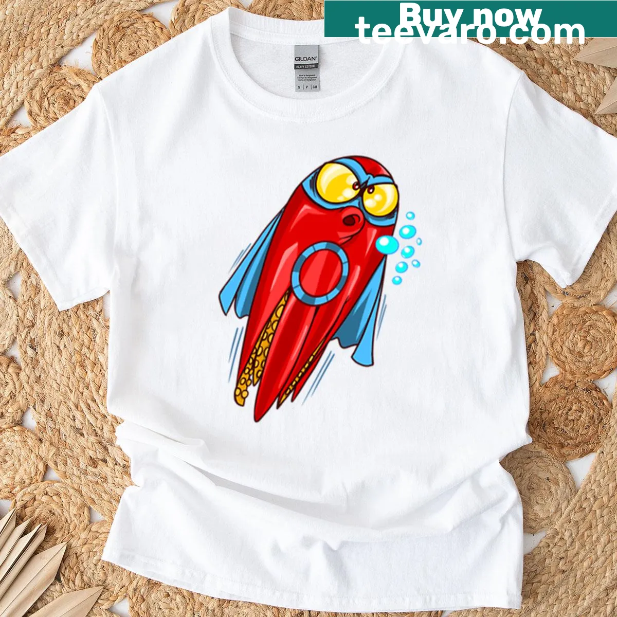 Cartoon octopus wearing a cape with yellow eyes and a red body — on a men's t-shirt