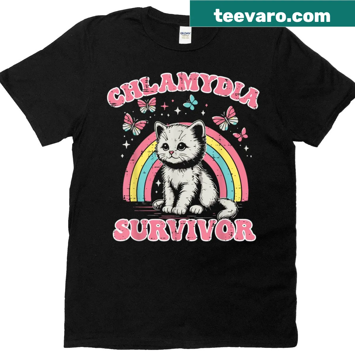 T-shirt featuring a humorous design with a cat and funny text — on a men's t-shirt