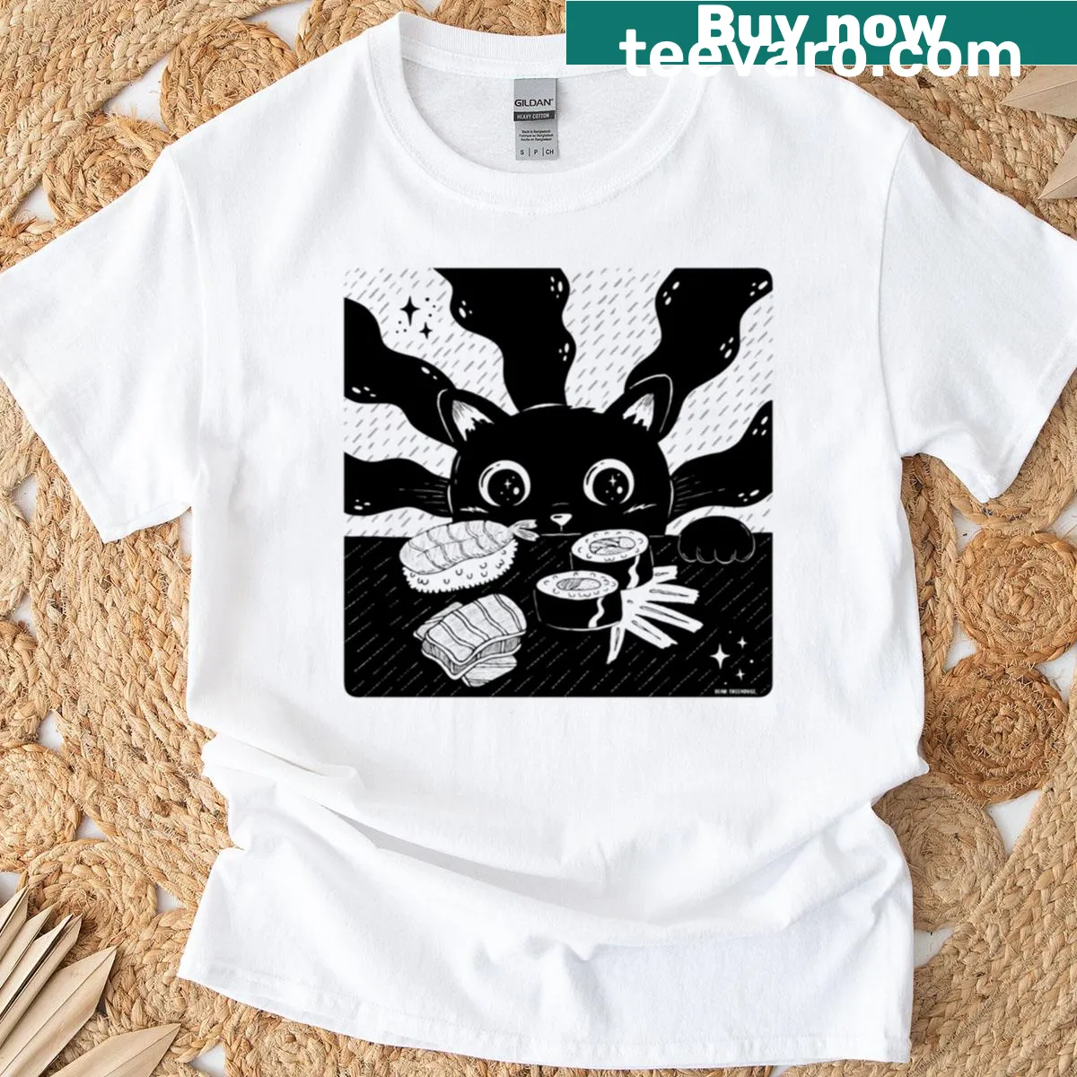 Adorable cartoon cat snuggled in a sushi roll — on a men's t-shirt