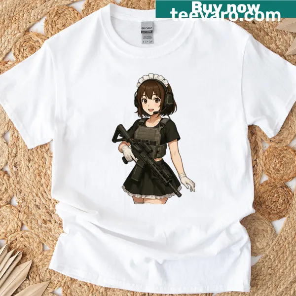 Cartoon maid in tactical gear with cleaning tools