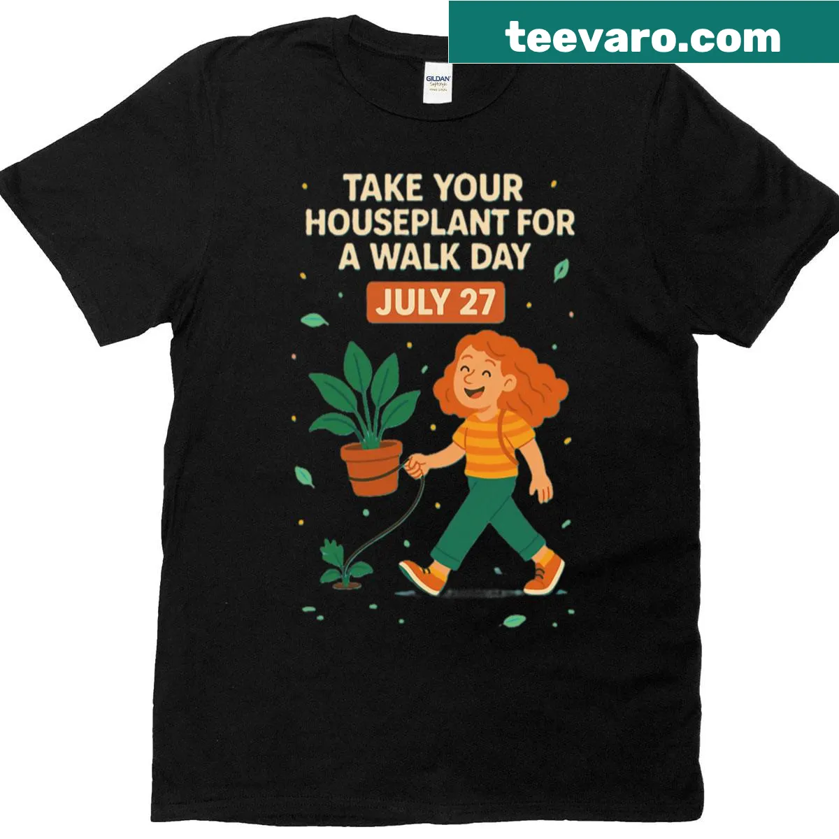 Playful houseplants illustration on Take Your Houseplants For A Walk t-shirt — on a men's t-shirt