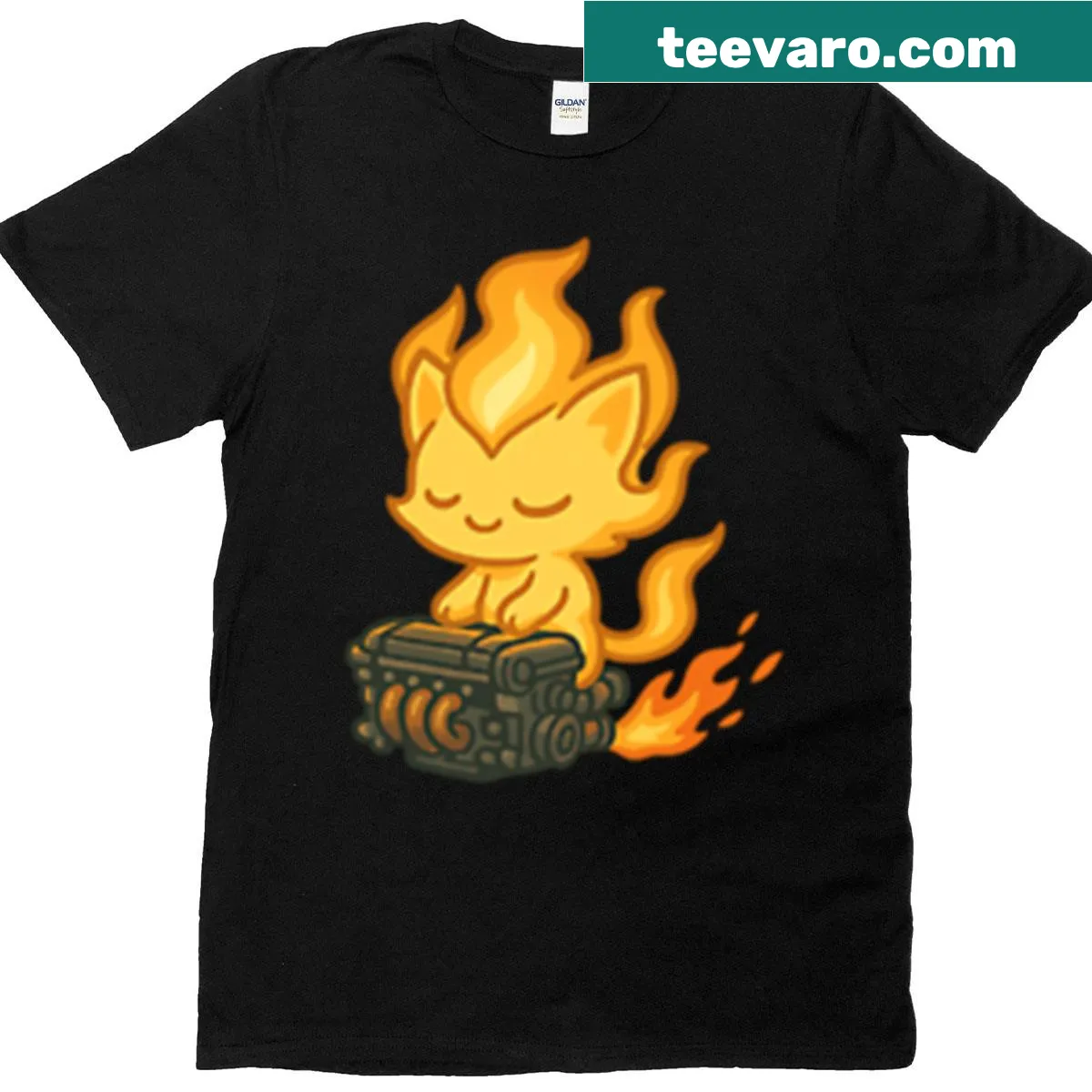 Bold cat illustration with turbo flames on art t-shirt — on a men's t-shirt