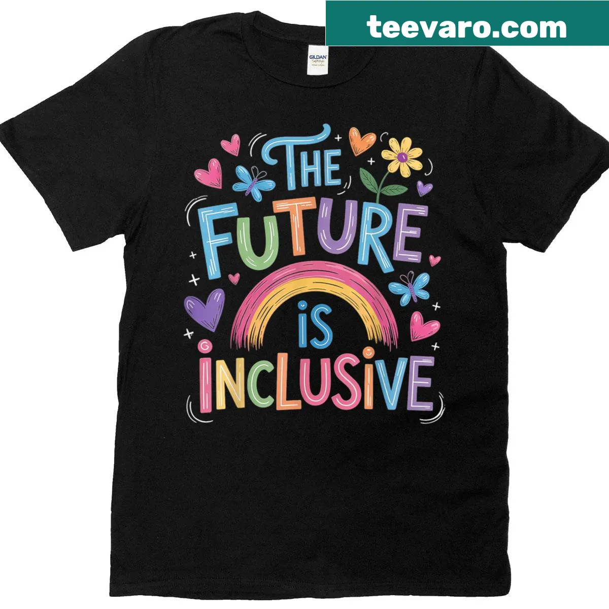 Rainbow pride t-shirt with text 'The Future Is Inclusive' — on a men's t-shirt