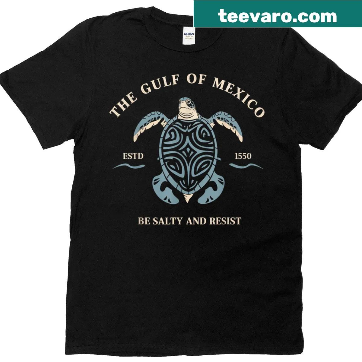 Illustrative T-shirt with a turtle and ocean-themed text — on a men's t-shirt