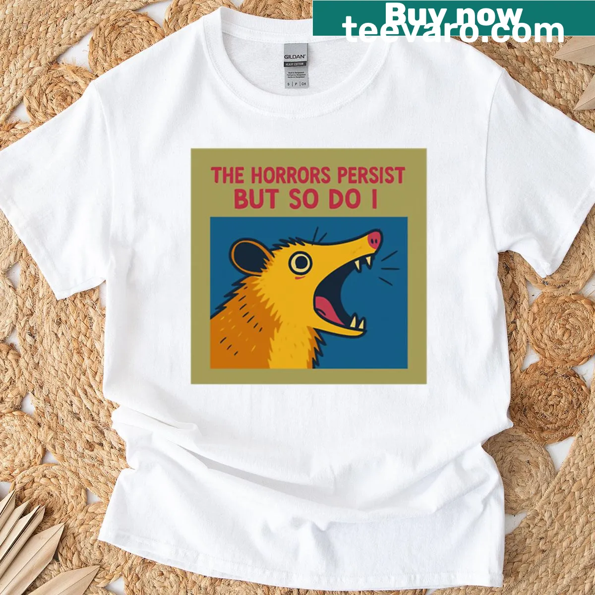 Pop art possum t-shirt with humorous messaging — on a men's t-shirt