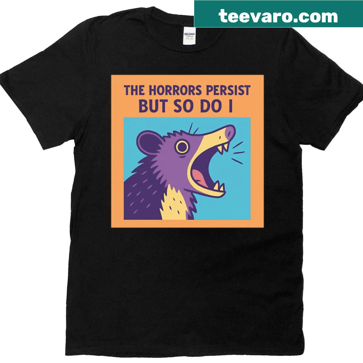 Sherbert possum pop art t-shirt with humorous saying — on a men's t-shirt