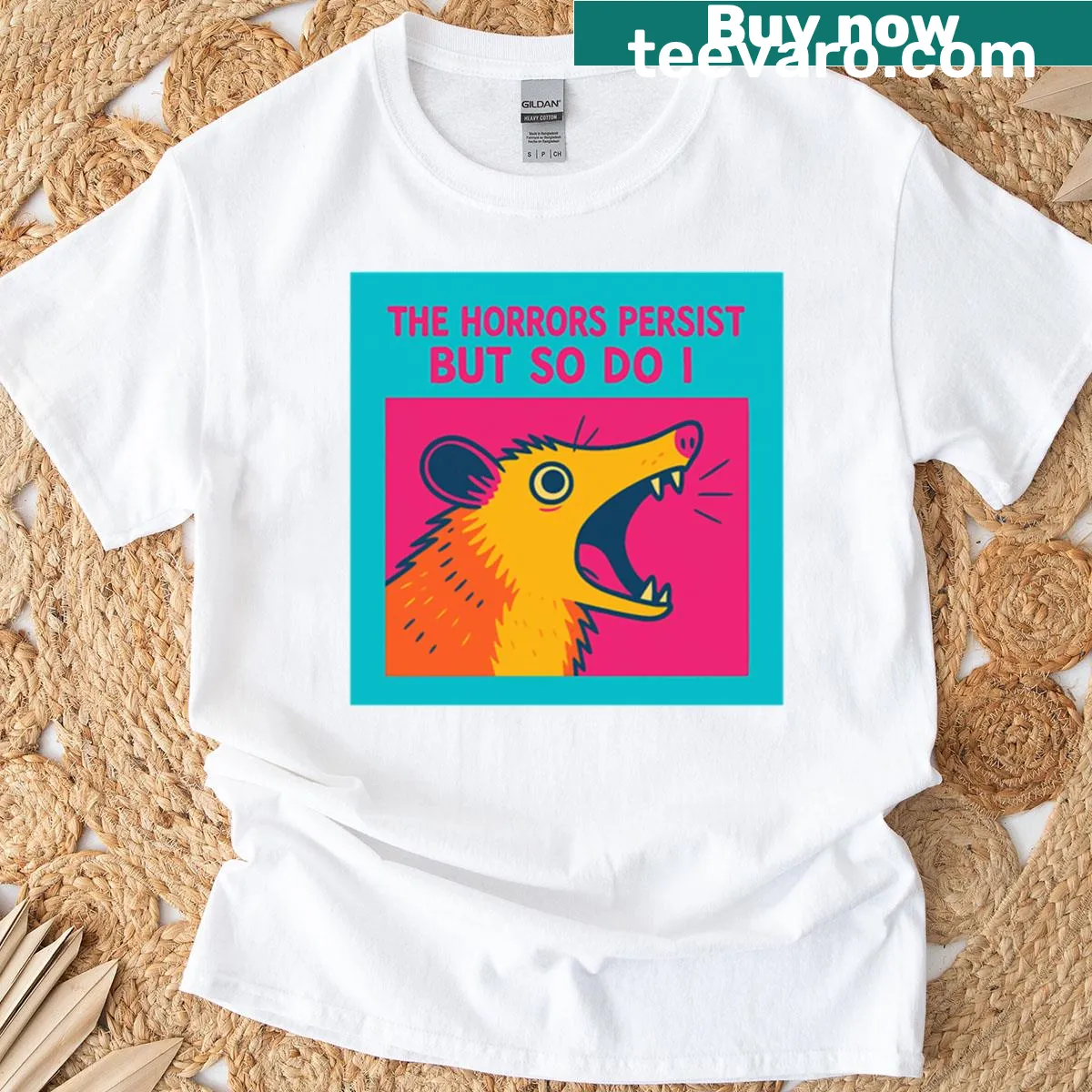 Teal possum pop art T-shirt with whimsical design — on a men's t-shirt