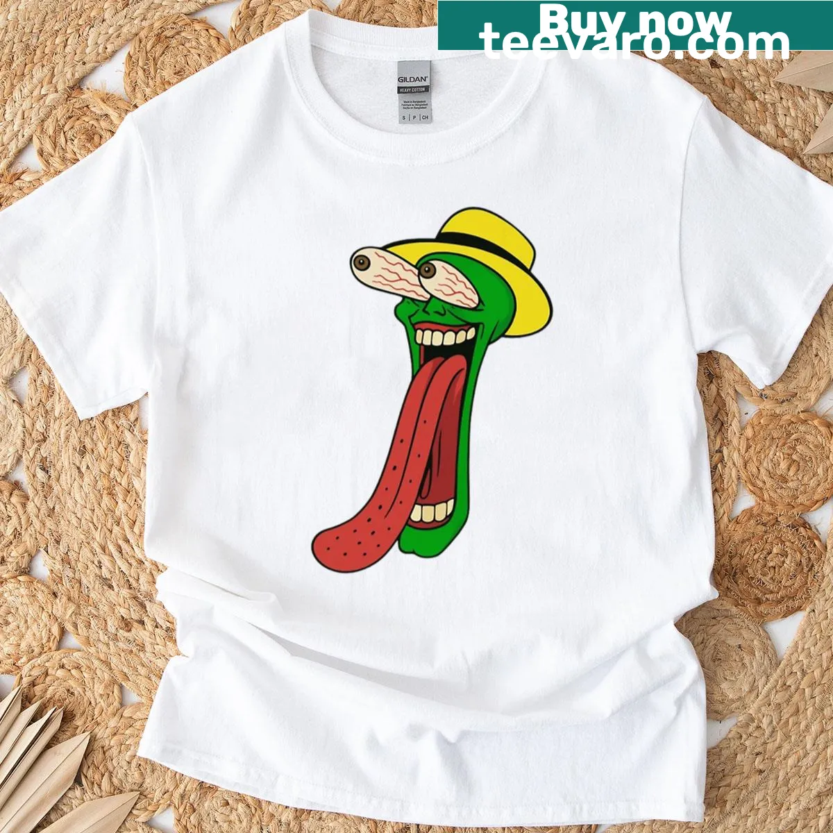 Cartoon mask graphic with crazy eyes and tongue out design — on a men's t-shirt