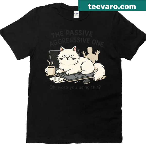 Illustration of a fluffy white cat on a laptop with a sassy expression.