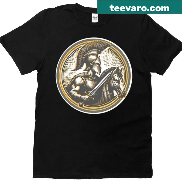 Spartan warrior graphic on T-shirt, emphasizing strength and bravery