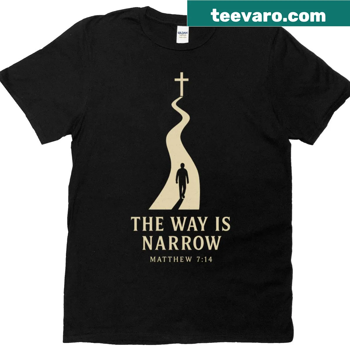 Inspirational t-shirt with Matthew 7:14 verse design — on a men's t-shirt