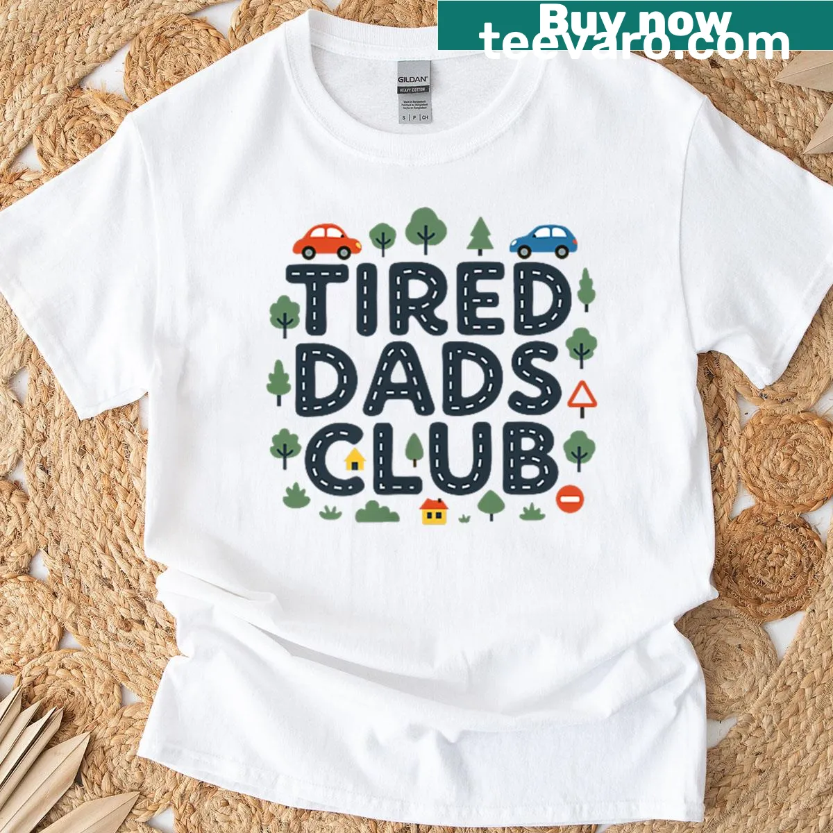 T-shirt for dads featuring car race track graphic on both sides — on a men's t-shirt