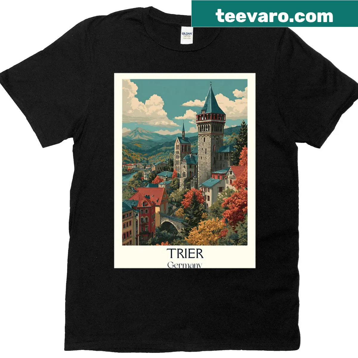 Vintage-style T-shirt featuring a scenic view of Trier, Germany — on a men's t-shirt