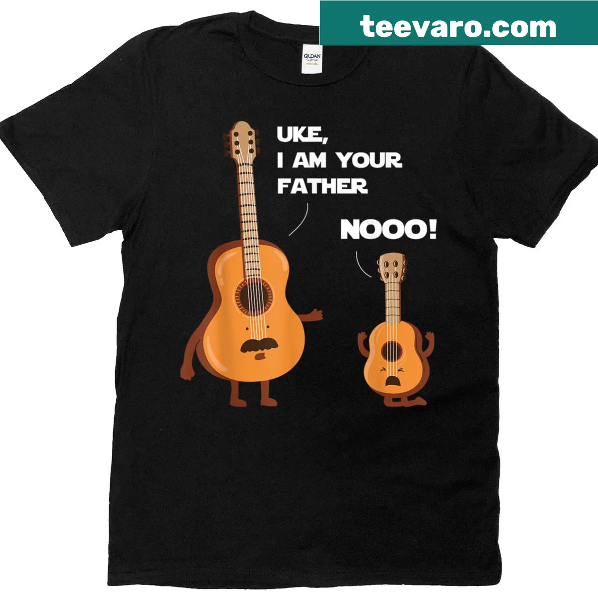 Funny T-shirt with ukulele-themed text — on a men's t-shirt