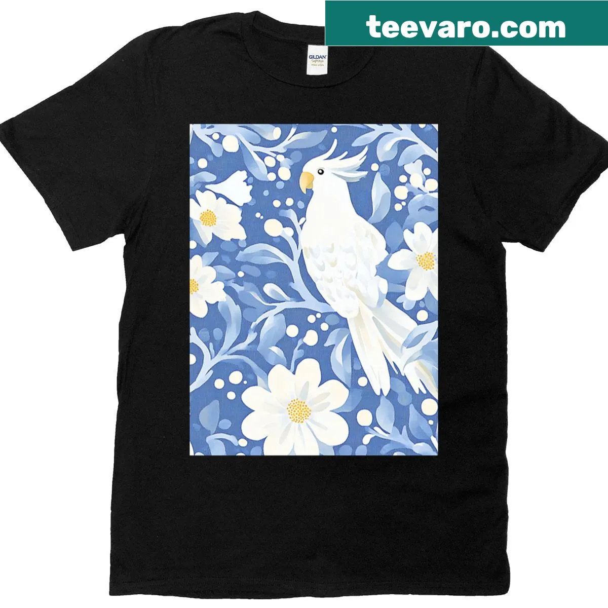 Umbrella Cockatoo illustrated on blue batik floral T-shirt — on a men's t-shirt