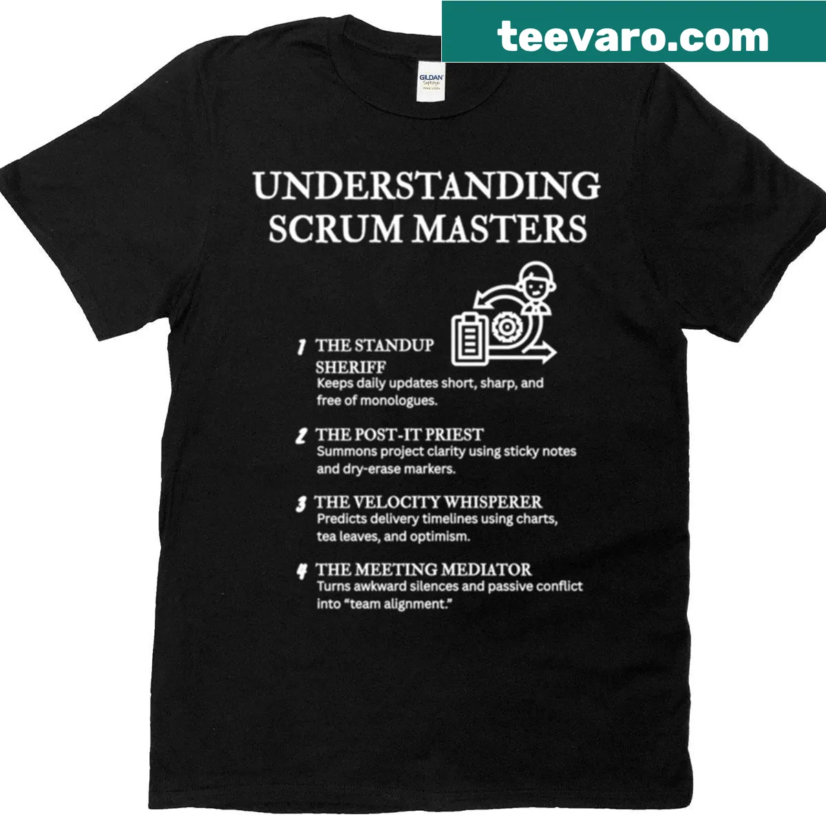 Black T-shirt with funny Scrum Master agile definitions — on a men's t-shirt