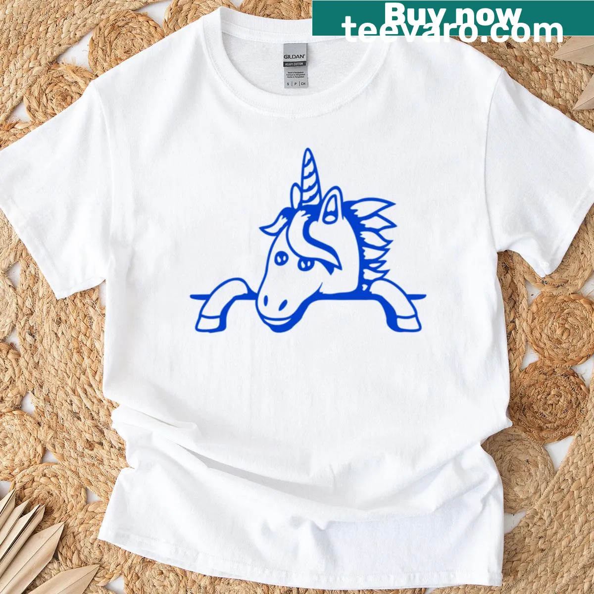 Illustration of a unicorn behind a fence on a T-shirt — on a men's t-shirt
