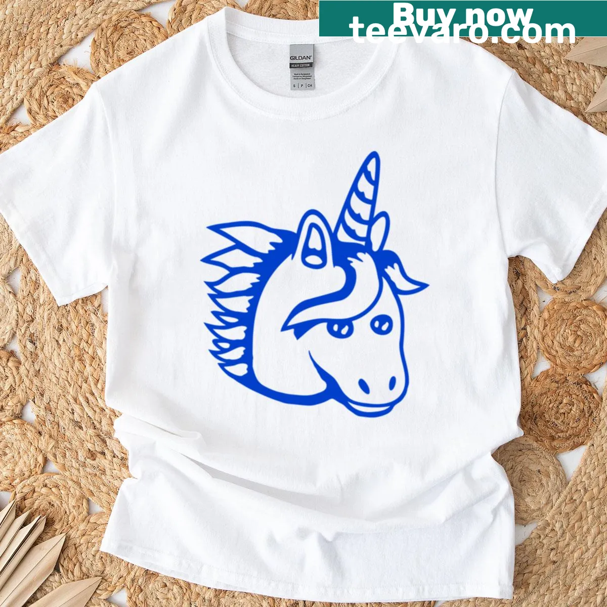Cartoon unicorn graphic T-shirt depicting a magical unicorn with a horn — on a men's t-shirt