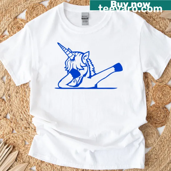 Cartoon unicorn dabbing behind a fence on a T-shirt