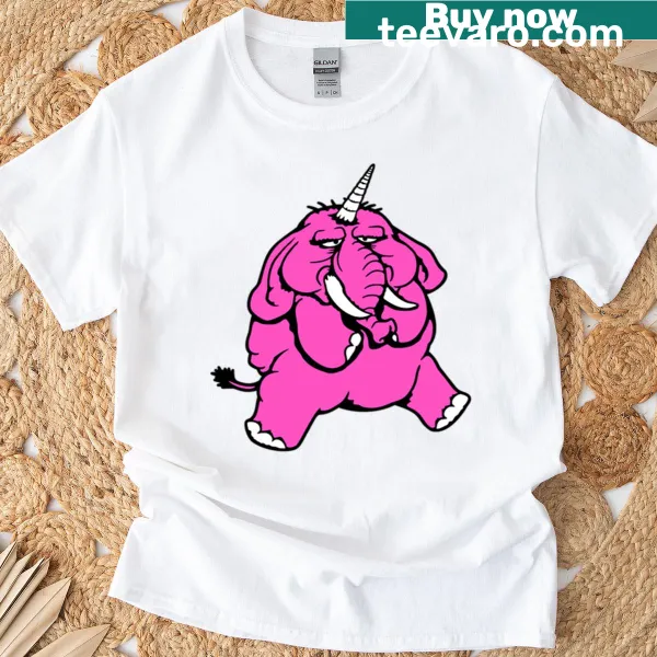 Cartoon pink elephant with a unicorn horn sitting on a funny t-shirt