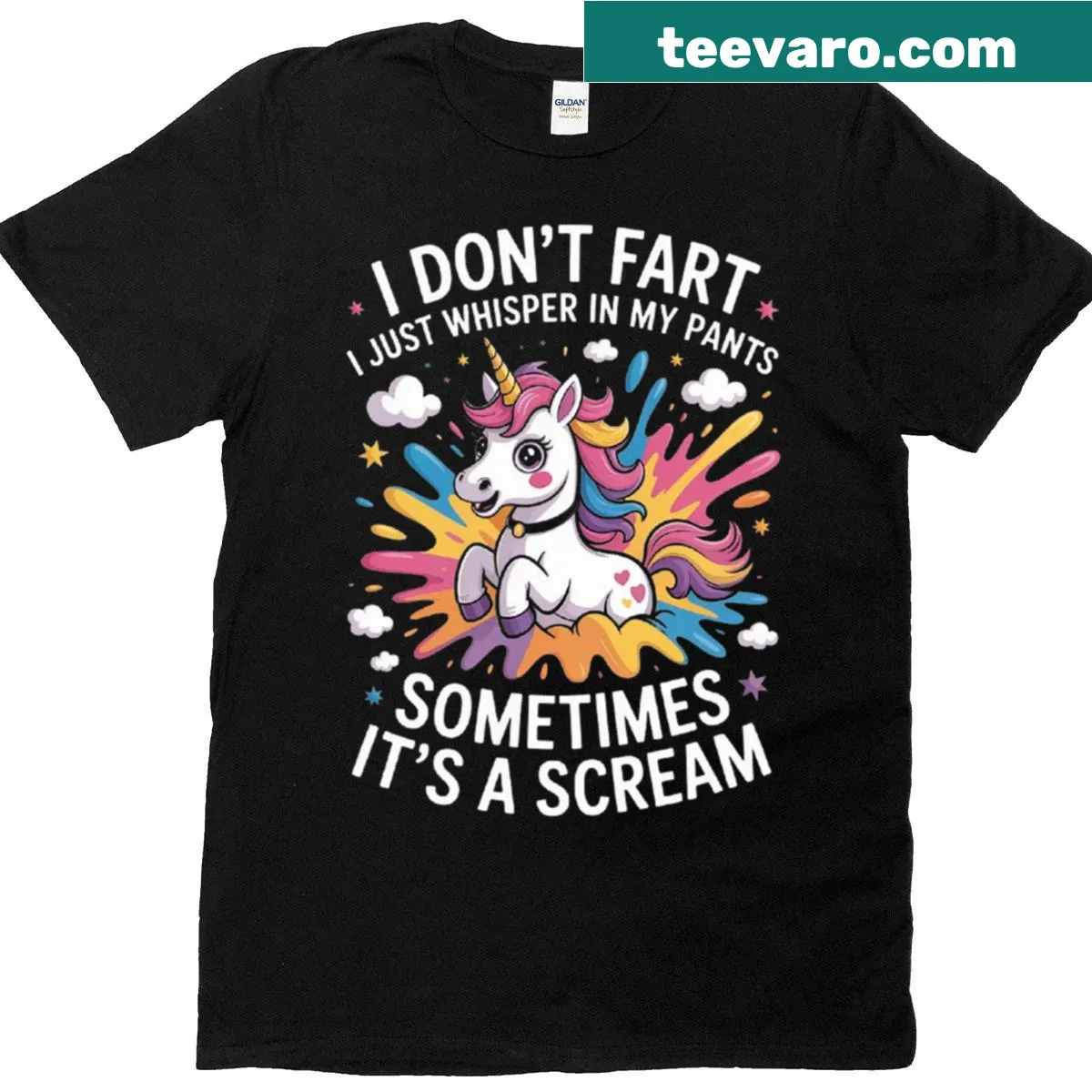Funny unicorn fart joke graphic T-shirt — on a men's t-shirt