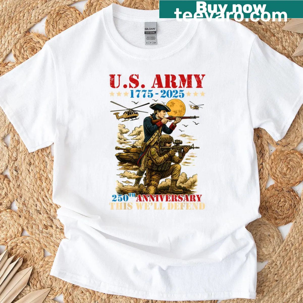 Vintage-style United States Army 250th Anniversary t-shirt — on a men's t-shirt