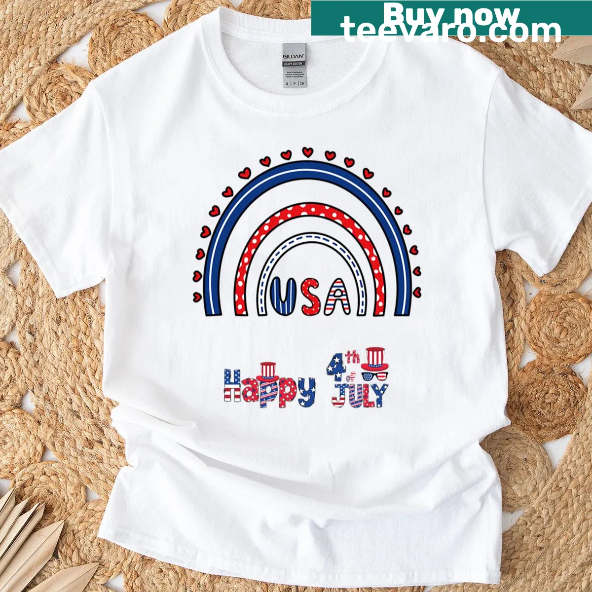 Happy 4th Of July T-shirt with bold patriotic text — on a men's t-shirt