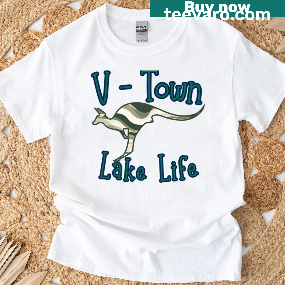 Playful kangaroo graphic on a lake life T-shirt — on a men's t-shirt