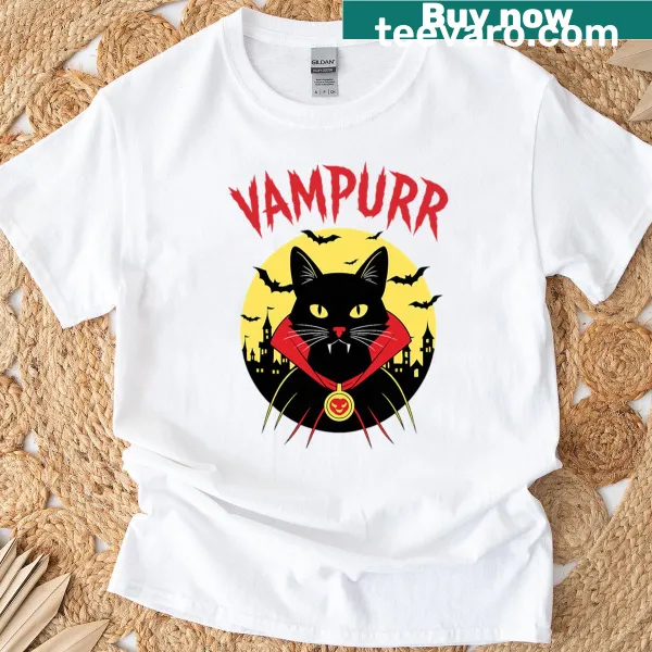 Black cat in a cape with bats illustration on a T-shirt