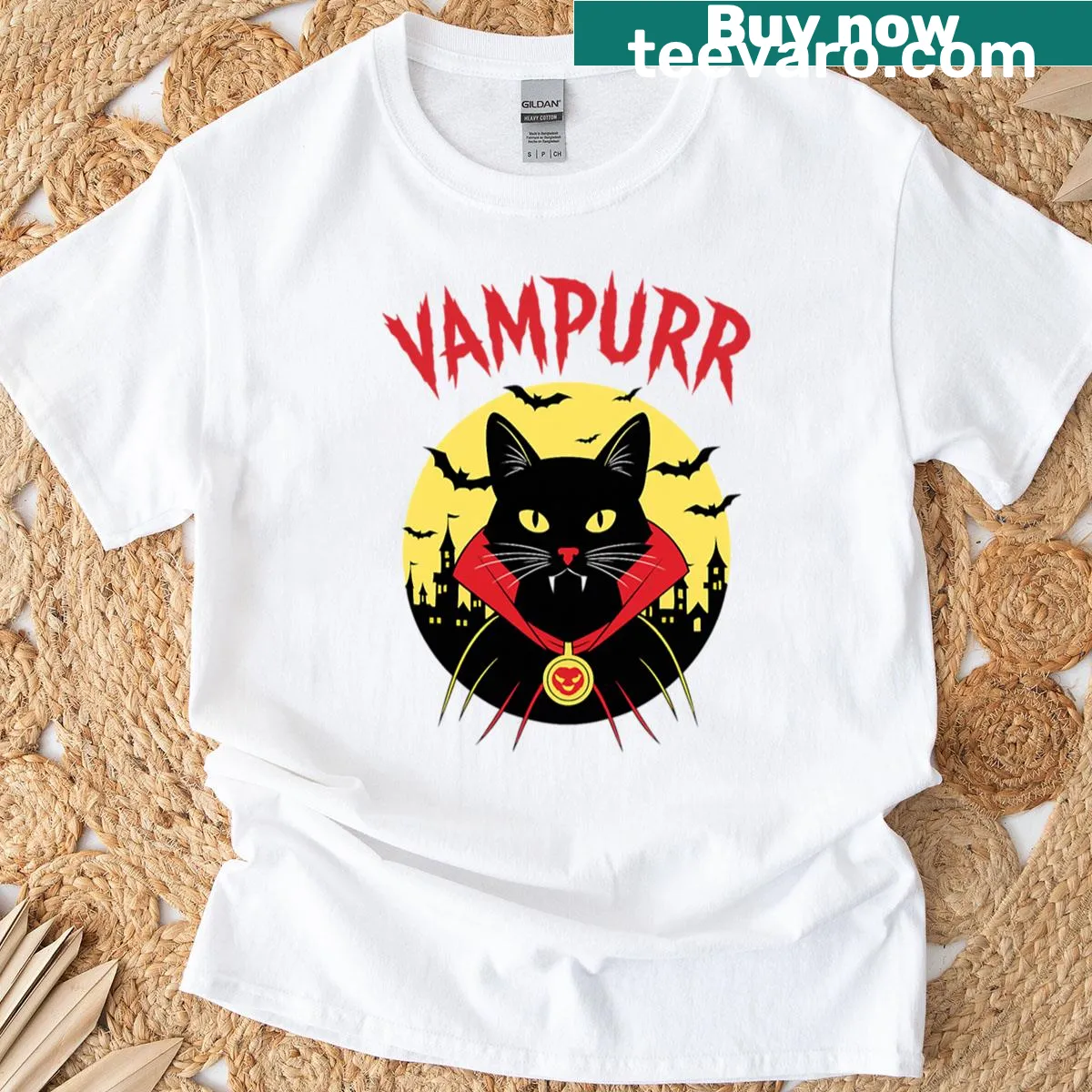 Black cat in a cape with bats illustration on a T-shirt — on a men's t-shirt