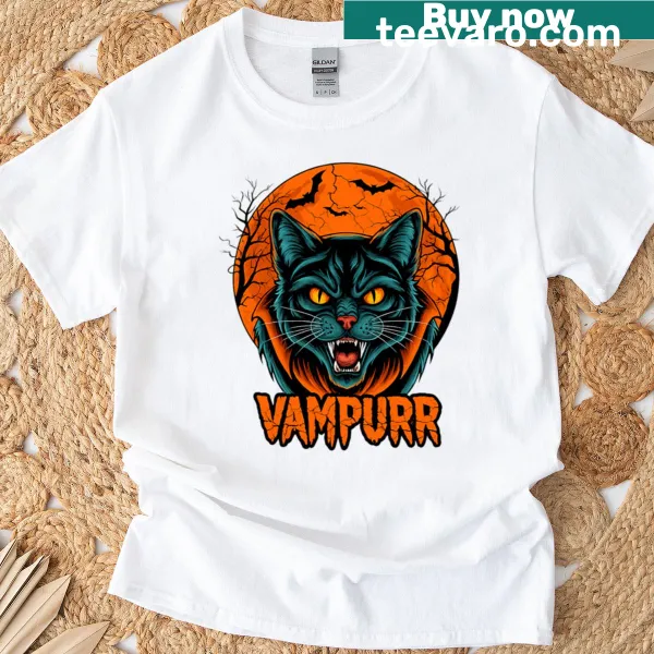 Cartoon blue vampire cat with fangs t-shirt