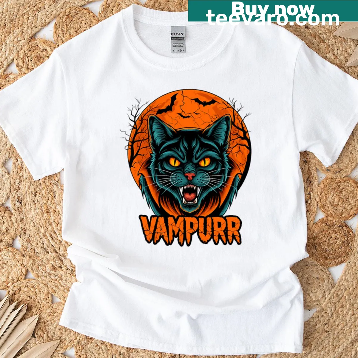 Cartoon blue vampire cat with fangs t-shirt — on a men's t-shirt