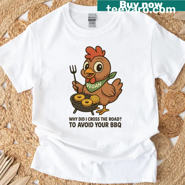 Funny Vegan Chicken Chef t-shirt with 'I Crossed The Road' graphic